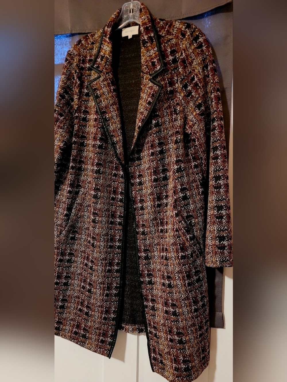 MellowDay Women's Long Tweed Style Jacket With Faux Leather Lining Sz XL - Picture 4 of 12